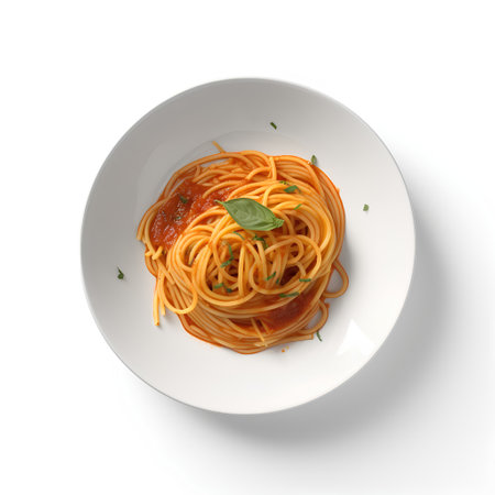 Spaghetti with tomato sauce on a plate isolated on white background. Top view.の素材