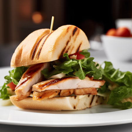 Sandwich with chicken and vegetables on white plate. Close up.の素材