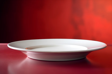 white bowl with milk on red background, shallow depth of field.の素材