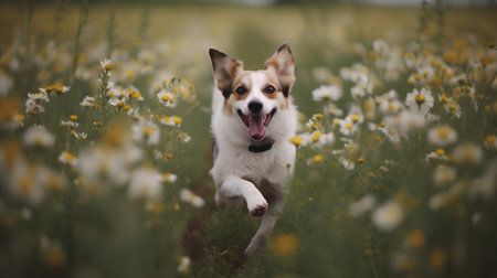 Border collie dog in a field of daisies. Selective focus.の素材