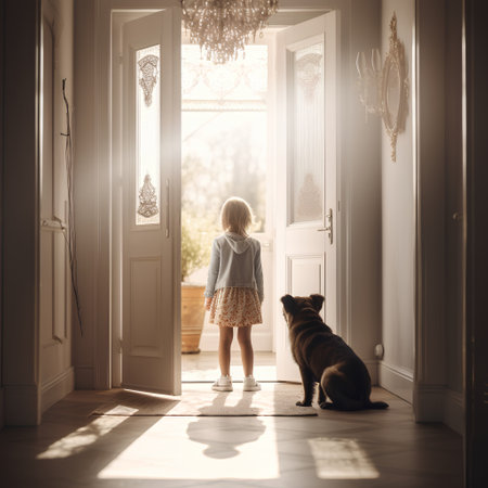 Little girl with a dog at the door in the morning light.の素材