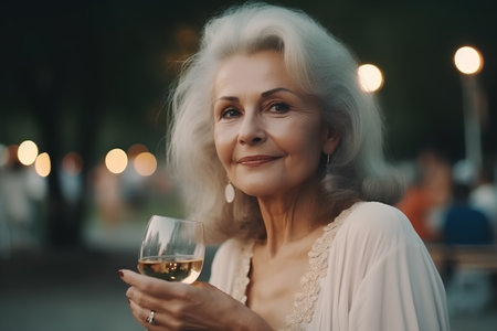 Portrait of a beautiful mature woman with a glass of wine.の素材
