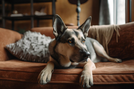 German shepherd dog lying on a sofa in the living room at homeの素材