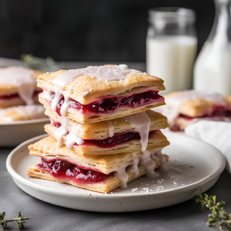Delicious homemade pastry with cherry jam and icing sugar on a gray backgroundの素材