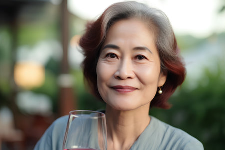 Portrait of a smiling senior asian woman drinking red wine in restaurantの素材