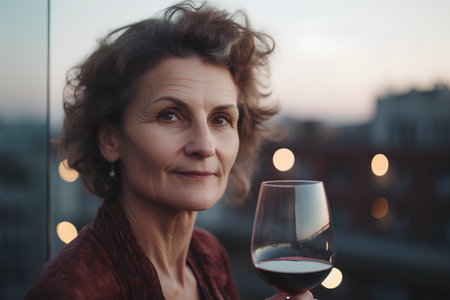 Portrait of senior woman with glass of red wine on city backgroundの素材