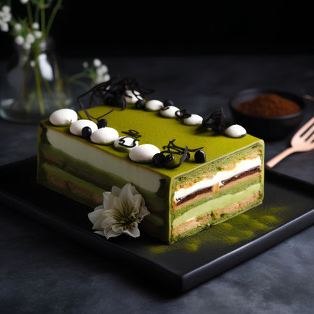 Piece of green tea tiramisu cake on a black backgroundの素材