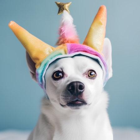 Cute white dog in a unicorn hat on a blue background.の素材