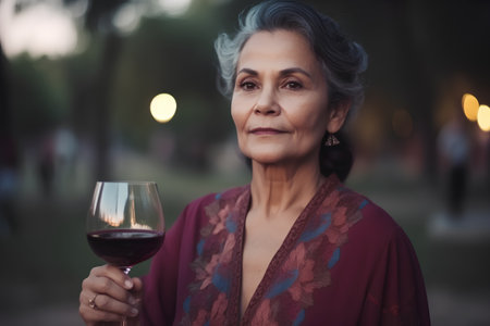 Portrait of a beautiful mature woman with a glass of red wineの素材