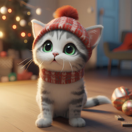 Cute kitten in a hat and scarf on the background of the Christmas tree.の素材