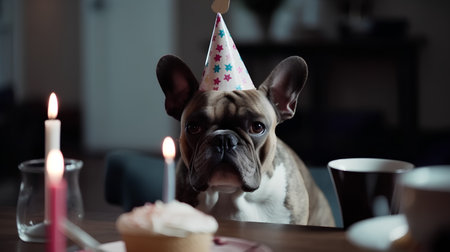 Cute french bulldog in birthday hat sitting at table with cake and candlesの素材