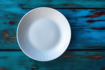 Empty white plate on blue wooden background, top view with copy spaceの素材