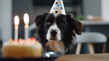 Cute border collie dog celebrating birthday with candles in the backgroundの素材