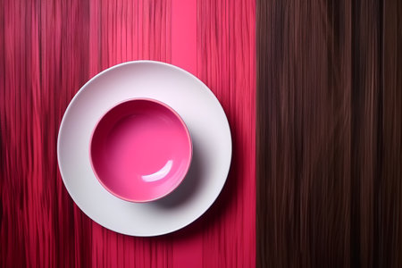 Pink plate and saucer on a red wooden background with copy spaceの素材