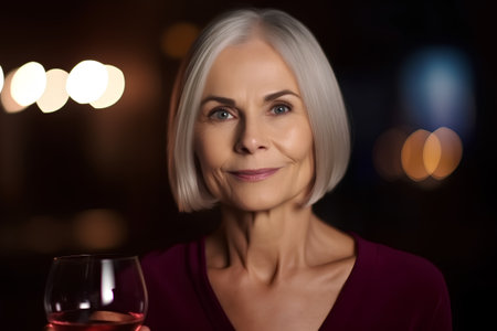 Portrait of a beautiful mature woman with a glass of red wineの素材