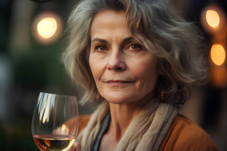 Portrait of a senior woman with a glass of white wine.の素材