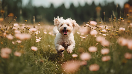 Cute dog running in the field of flowers. Dog in nature.の素材