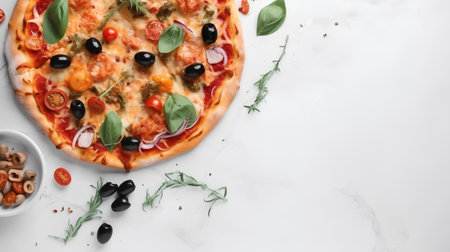 Pizza with olives, tomatoes and basil on white marble backgroundの素材