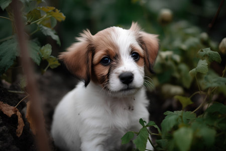 Cute puppy of a cavalier king charles spaniel in the gardenの素材