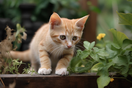 Cute little red kitten in the garden. Selective focus.の素材