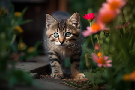 Cute tabby kitten in the garden with flowers in the backgroundの素材