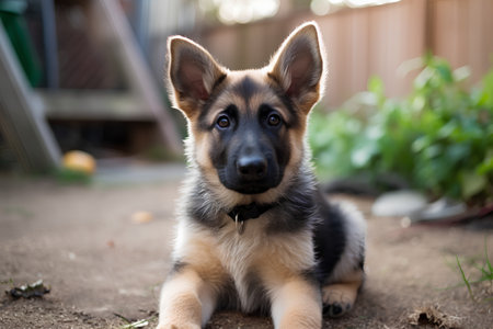 German shepherd puppy is sitting on the ground. Selective focus.の素材