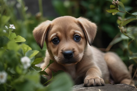 puppy in the garden on a green grass background with flowersの素材