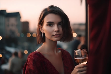 Portrait of a beautiful young woman with a glass of wine on the terrace of a restaurantの素材