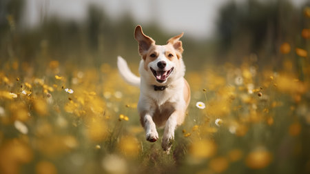 Portrait of a happy dog running in the field of yellow flowersの素材