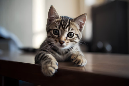 Cute bengal kitten sitting on the table and looking somethingの素材