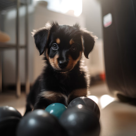 Cute puppy playing with bowling balls at home. Little dog playing with ball.の素材