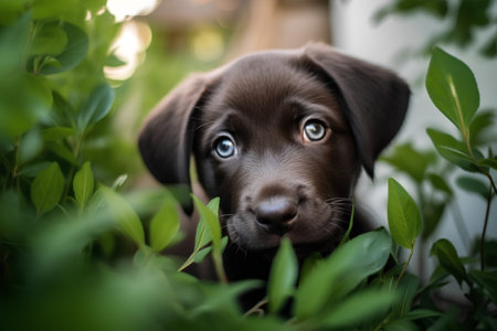 Labrador Retriever puppy in the garden with green leaves.の素材