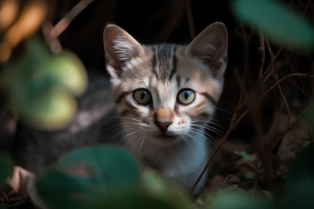 Cute little kitten with green eyes in the forest. Selective focus.の素材