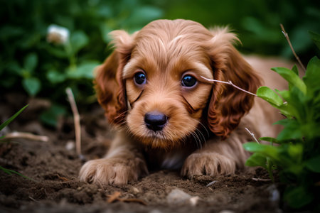 Cute puppy of cavalier king charles spaniel in the gardenの素材