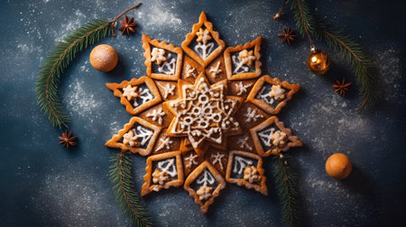 Christmas gingerbread cookies on dark background, top view, copy spaceの素材
