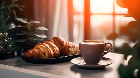 Cup of coffee and croissants on table in cafe.の素材