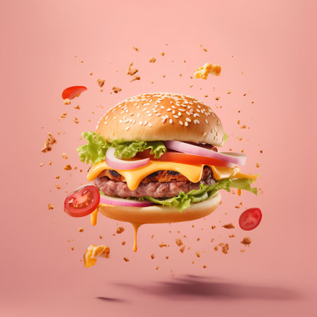 Burger with flying ingredients isolated on pink background. 3d renderingの素材