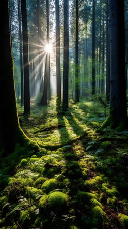 Morning in the forest with sunbeams in the trees and mossの素材