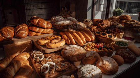 Different types of bread and buns on a counter in a bakeryの素材