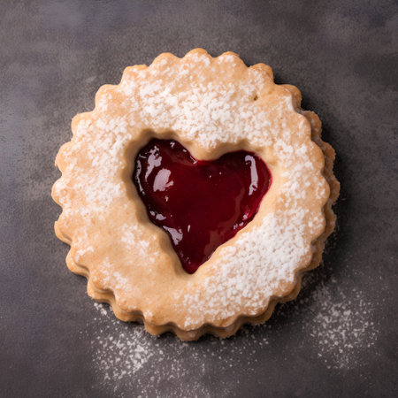 Cookies with jam in the form of heart on a dark backgroundの素材
