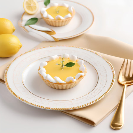 Lemon tartlets with fresh lemons and mint on white backgroundの素材