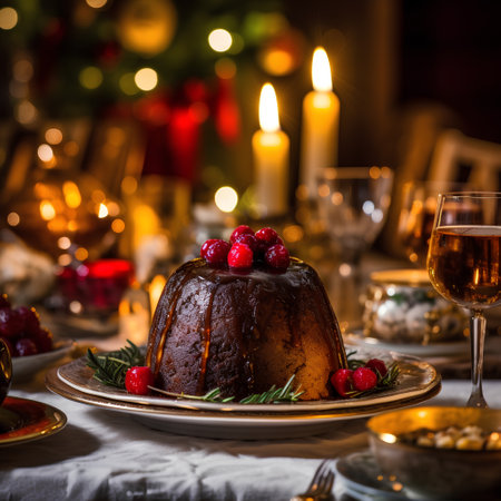Christmas pudding with cranberries and rosemary on a festive table.の素材