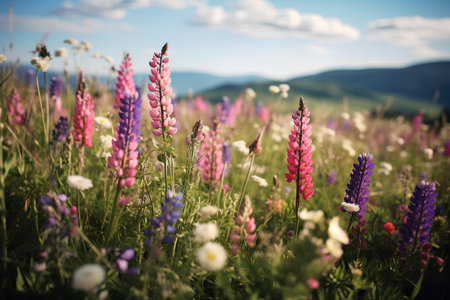 Colorful lupine flowers on a meadow in the mountainsの素材