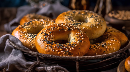 Freshly baked bagels with sesame seeds. Selective focus.の素材
