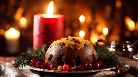 Christmas pudding with raisins and cranberries on a dark backgroundの素材