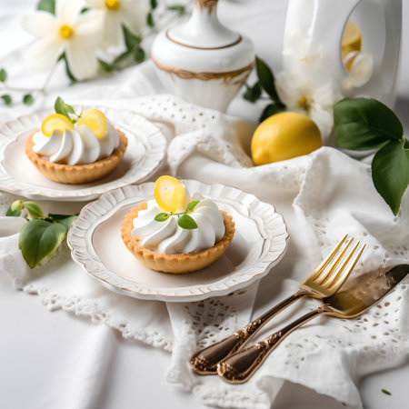 Lemon tartlets with whipped cream and fresh lemons on a light backgroundの素材