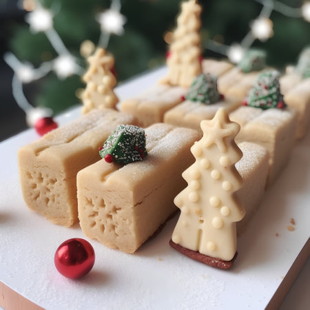 Christmas cookies with different shapes and decorations on a white wooden table.の素材