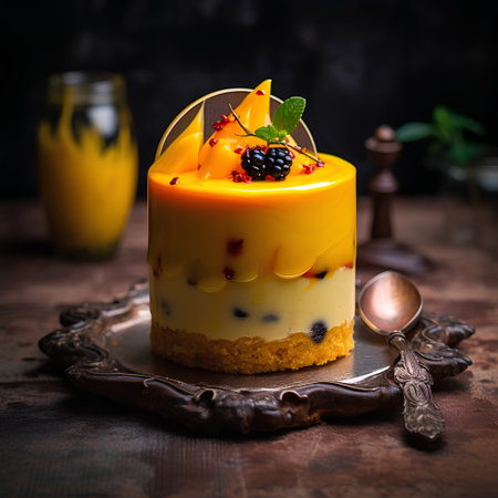 Piece of mango cheesecake with fresh berries. Selective focus.の素材