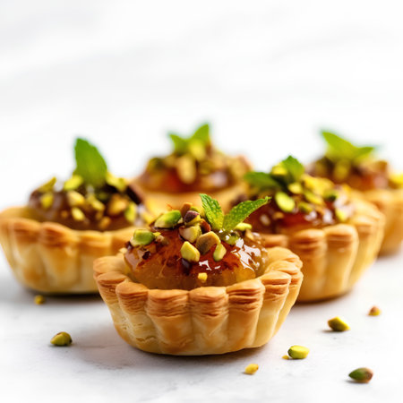 Tartlets with caramel and pistachios on a white backgroundの素材