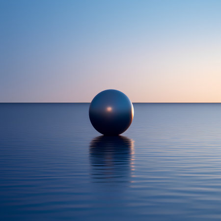 3d rendering of a blue sphere in the water on a sunset backgroundの素材